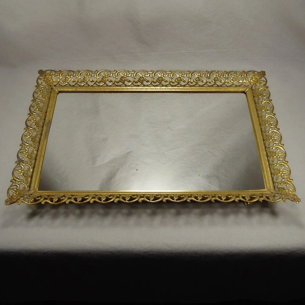 Vintage 16x11 Ornate Gold Mirrored Vanity Tray - Picture 1 of 10